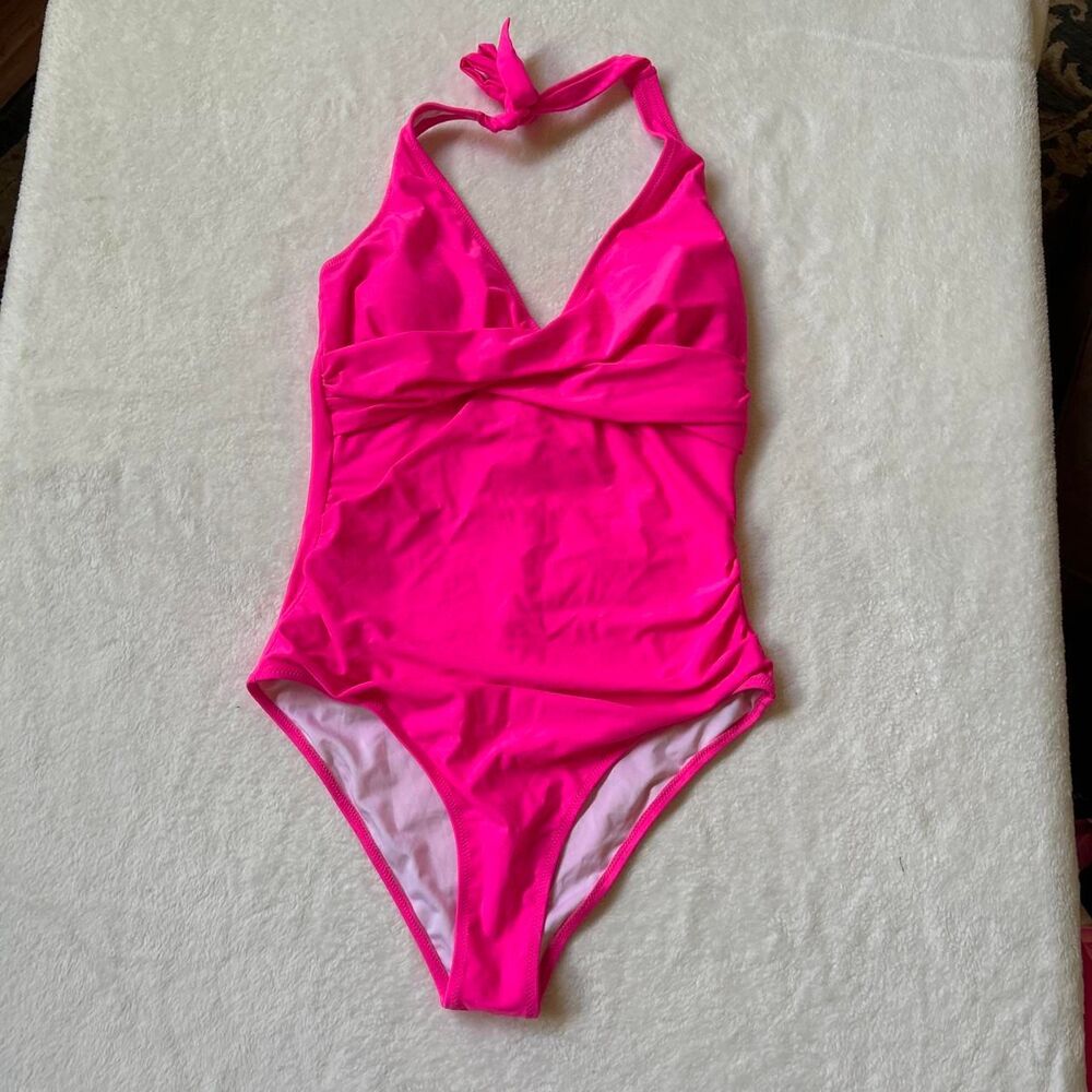 Hot Pink one piece swimsuit halter neck removable padding women medium like new